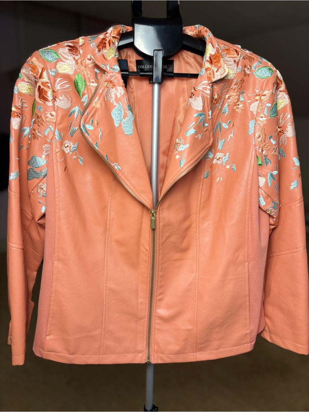 Colleen Lopez Coral Leather Embroidered Zip Jacket